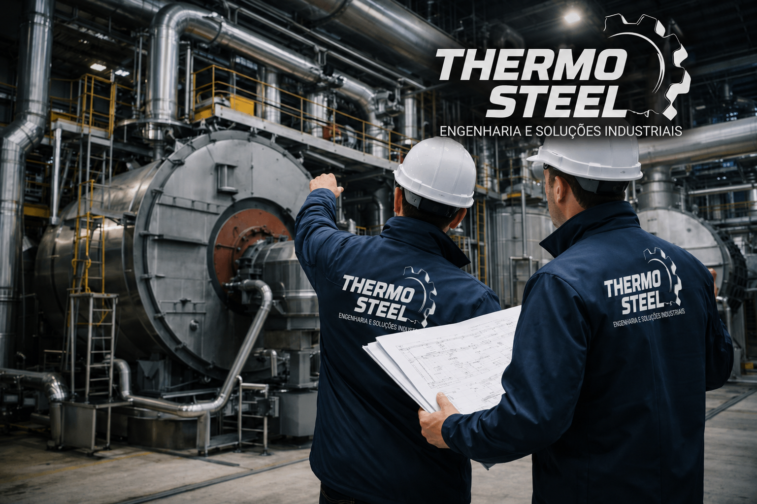 Dois engenheiros Thermo Steel em ambiente industrial analisando projeto de equipamento