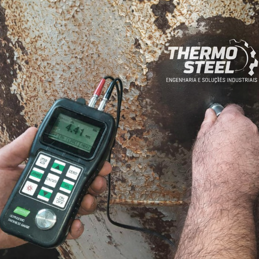 Técnico Thermo Steel realizando medição de espessura em equipamento industrial conforme NR13