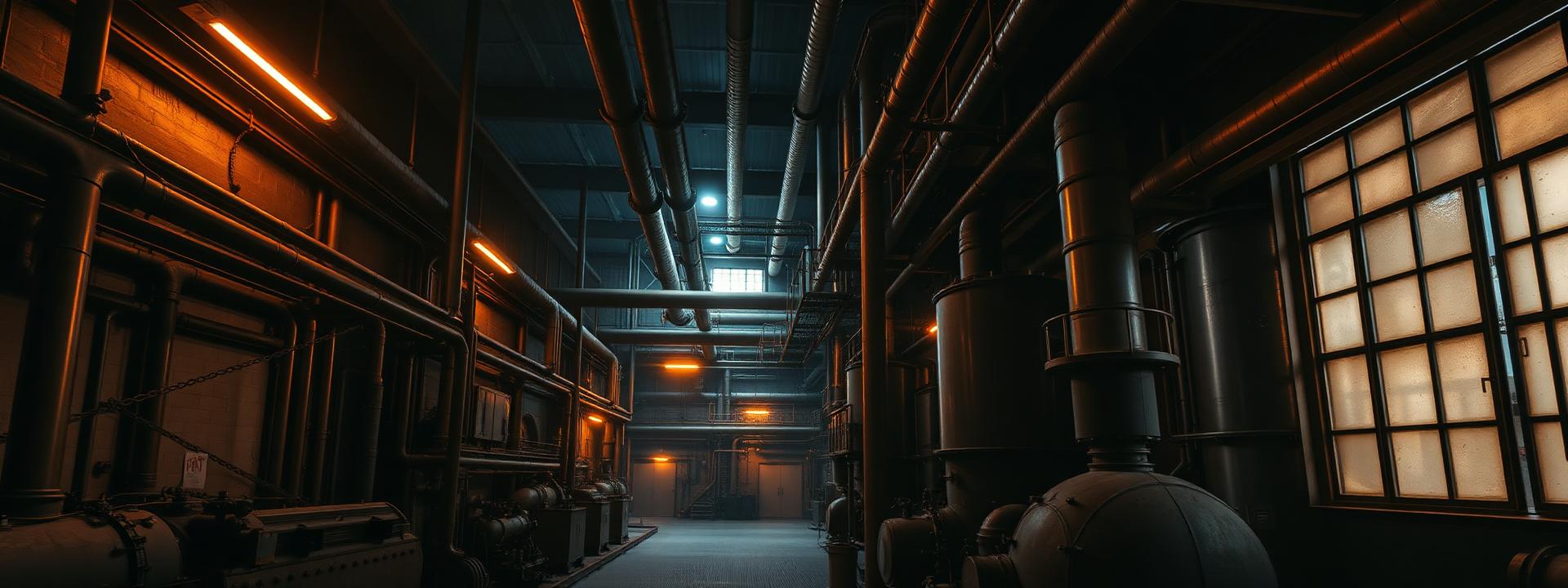 Interior de planta industrial com tubulações e equipamentos de processo