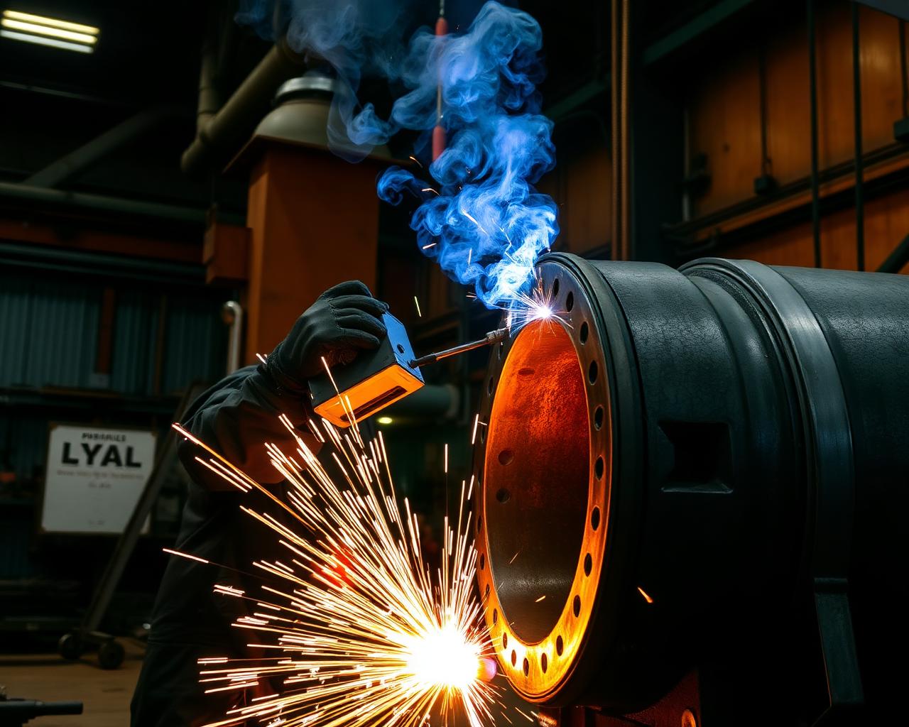 Soldagem de um vaso de pressão em caldeiraria industrial