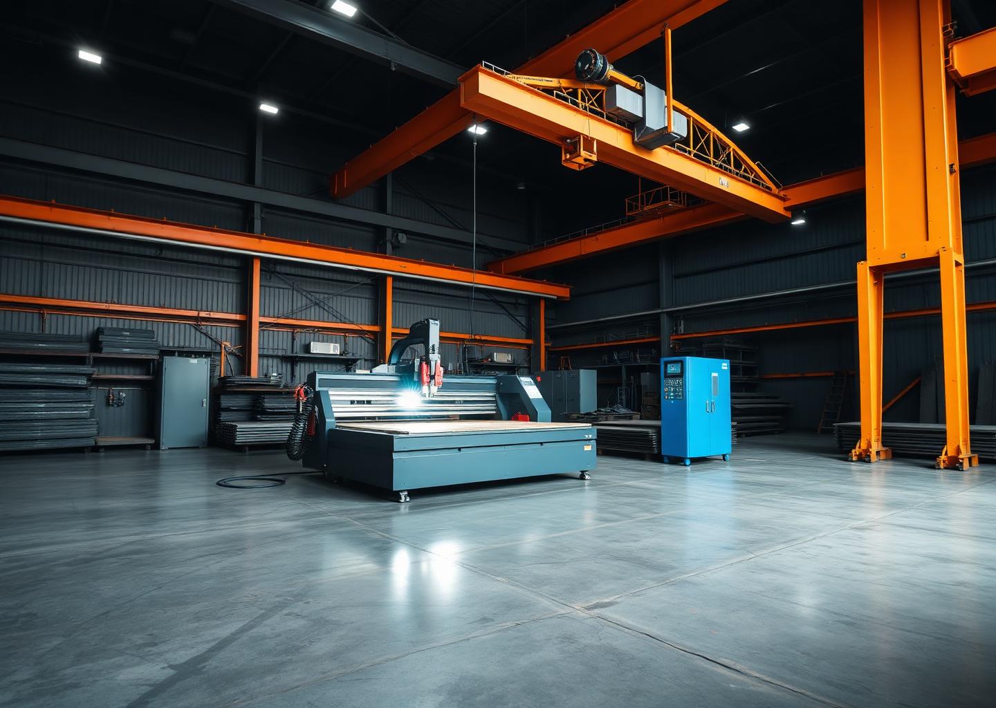 Chão de fábrica com máquina de corte CNC e ponte rolante