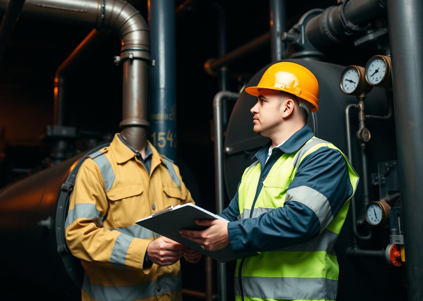 Inspetores verificando manômetros de uma caldeira industrial