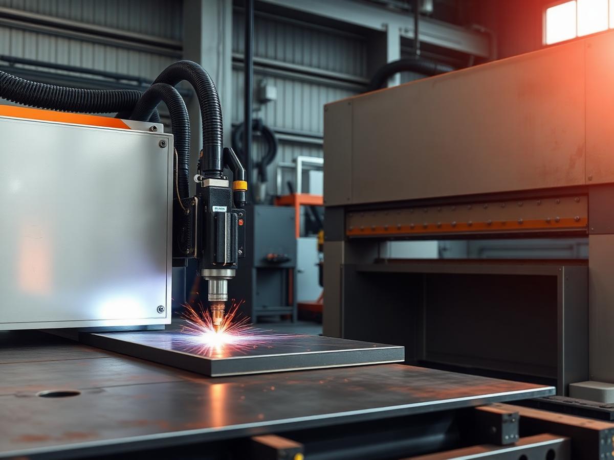 Máquina de corte CNC processando uma chapa de aço ao lado de uma dobradeira