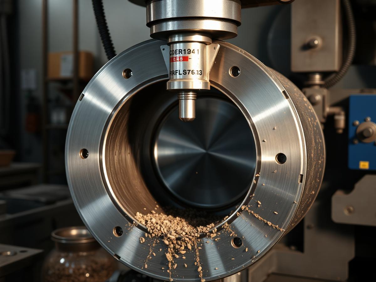 Furadeira industrial usinando furos em um flange de aço